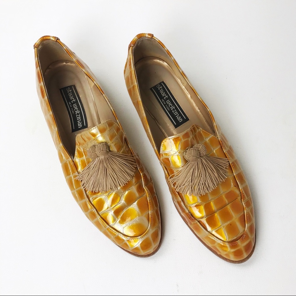 Stuart Weitzman Gold Crocodile Embossed Loafers